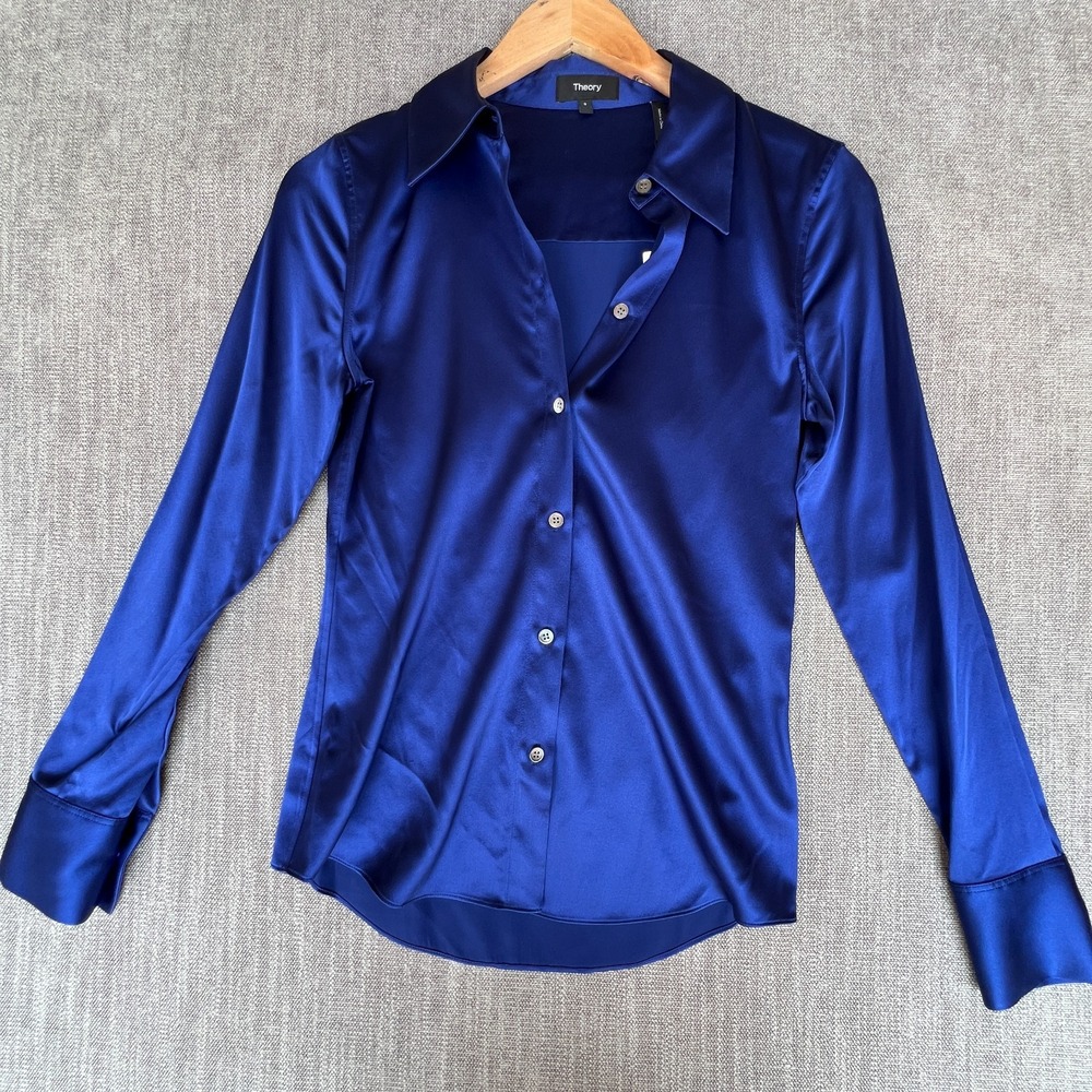 Theory Shirt Top Womens S Cosmic Blue Silk Stretch Satin Formal Career Button-Up